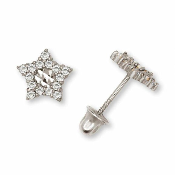 14K Solid White Gold 6mm Star Shape Screw Back Earrings Set With Sparkly Stones - Picture 1 of 7